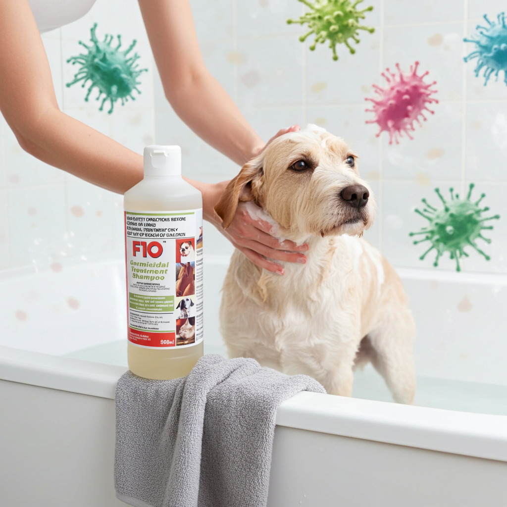 Person washing a dog with a bottle of F10 germicidal shampoo, surrounded by cartoon viruses on a white background.
