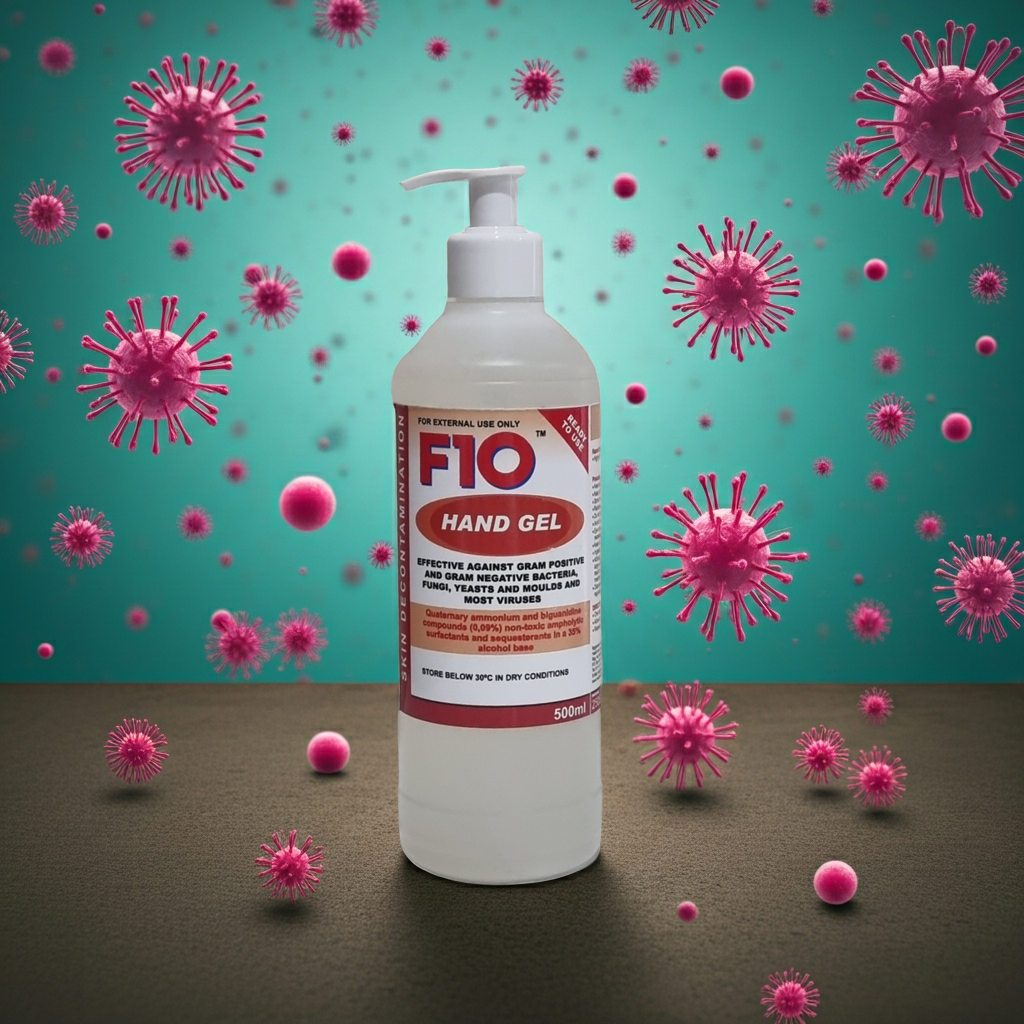 F10 hand gel bottle with pink virus particles on a teal and brown gradient background
