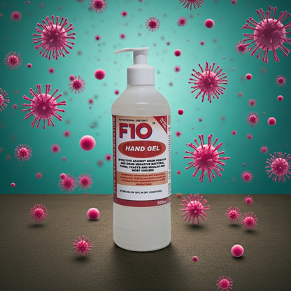 F10 hand gel bottle with pink virus particles on a teal and brown gradient background