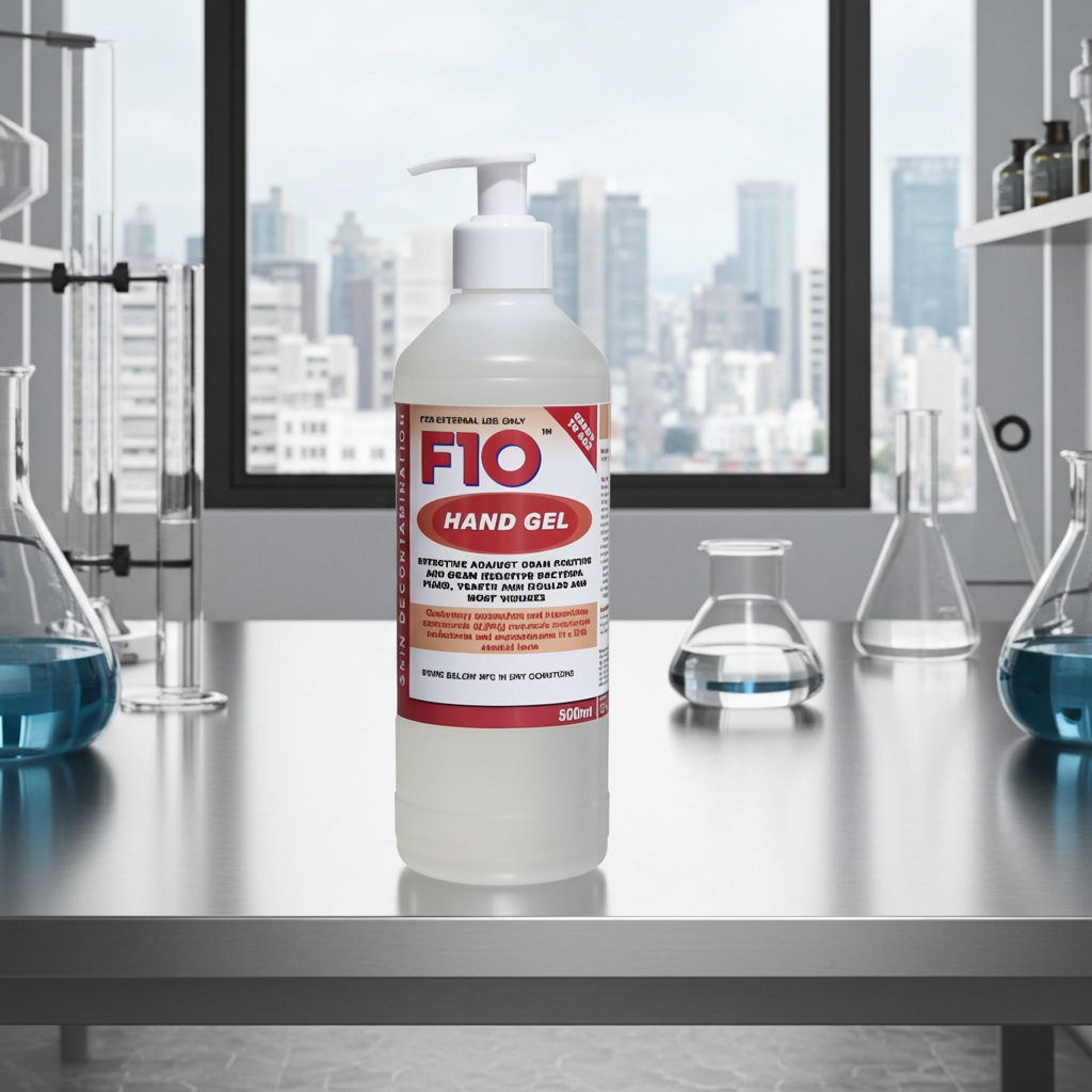 F10 hand gel bottle on a laboratory counter with cityscape in the background