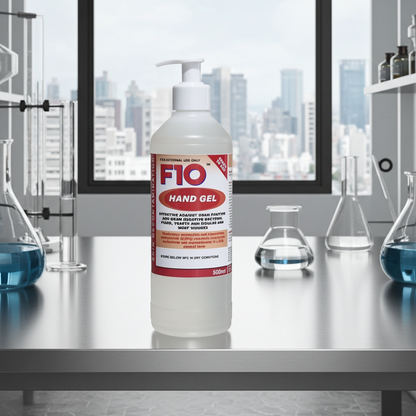 F10 hand gel bottle on a laboratory counter with cityscape in the background