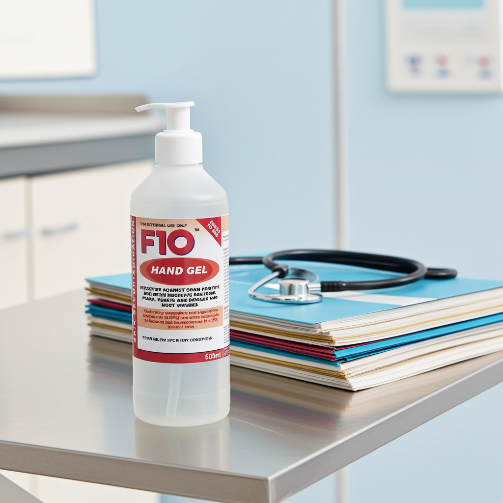 Bottle of F1O hand gel on a veterinary examination table with and a stethoscope in the background.