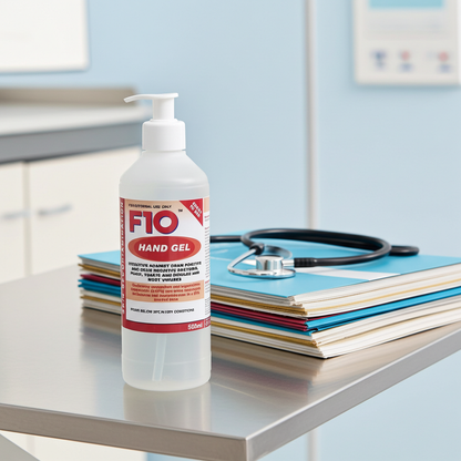 Bottle of F1O hand gel on a veterinary examination table with and a stethoscope in the background.