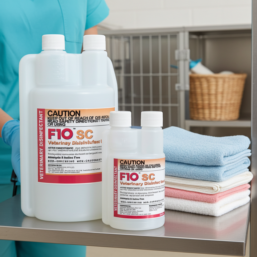 Two large white plastic bottles of FIO SC Veterinary Disinfectant and one smaller bottle on a stainless steel counter, with folded blue, pink, and white towels beside them and a person in teal clothing partially visible in the background.