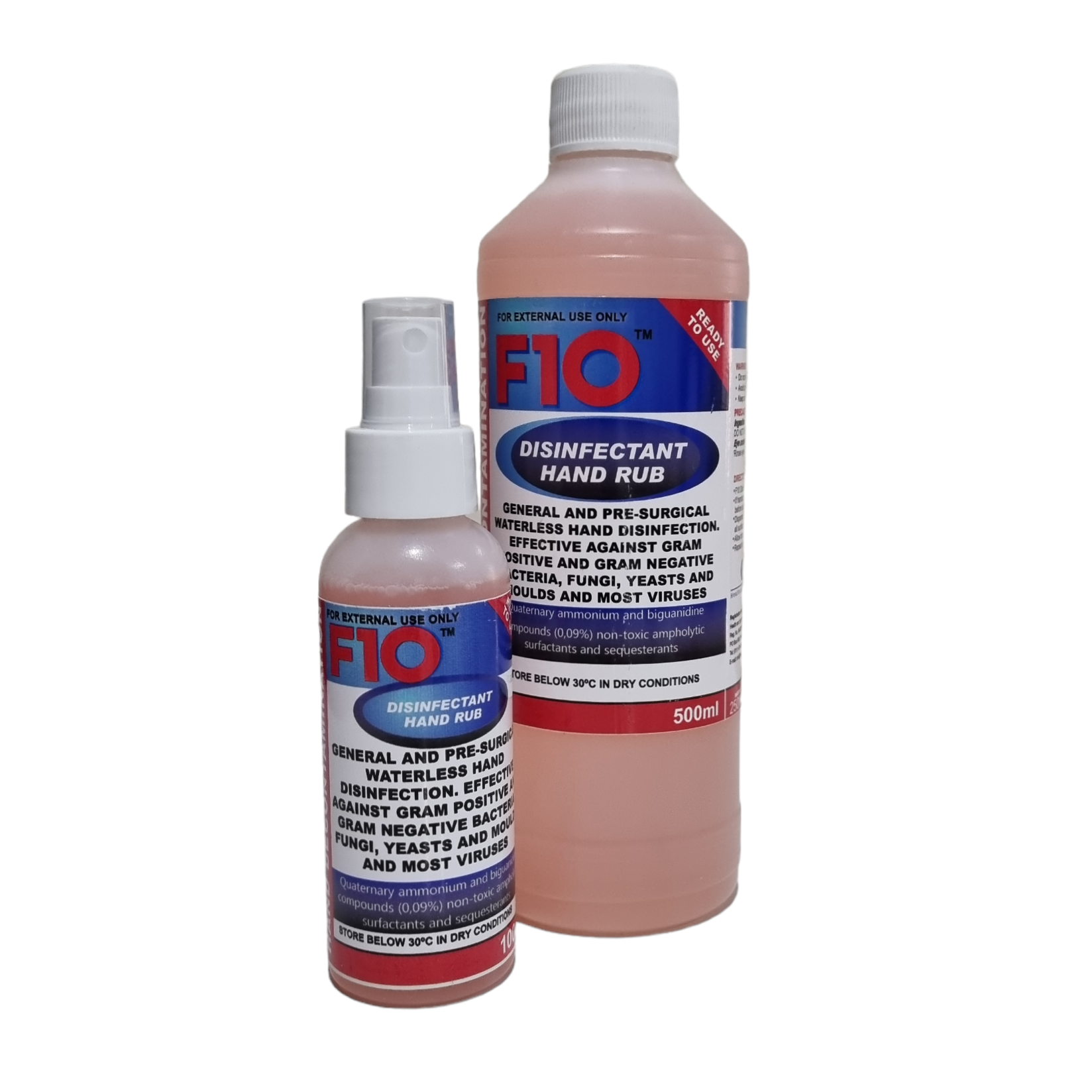 Two bottles of F10 Disinfectant Hand Rub, one spray bottle and one pump bottle, with labels detailing product information.
