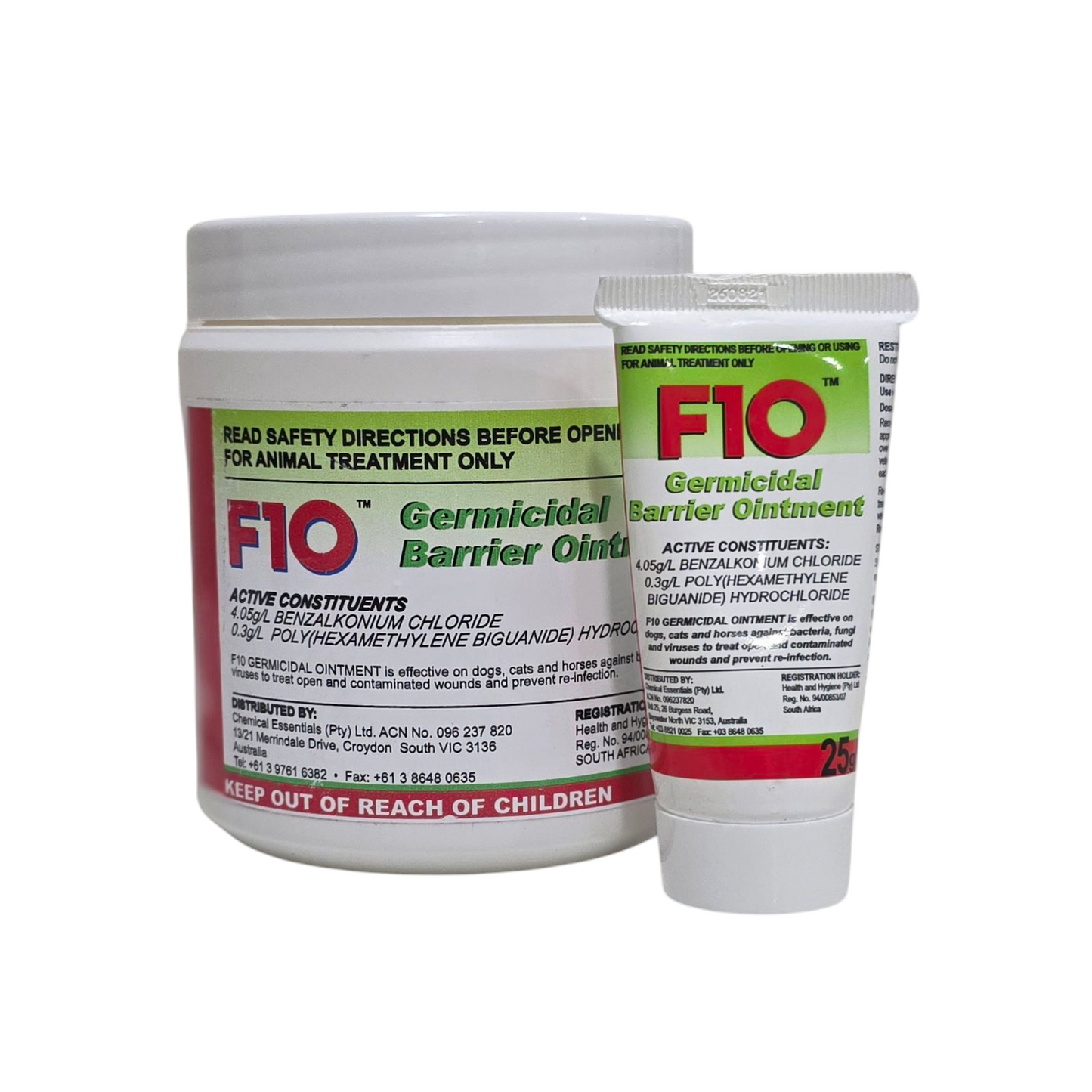 Two containers of F10 Germicidal Barrier Ointment, one is a small tube and the other is a larger tub, both with labels.