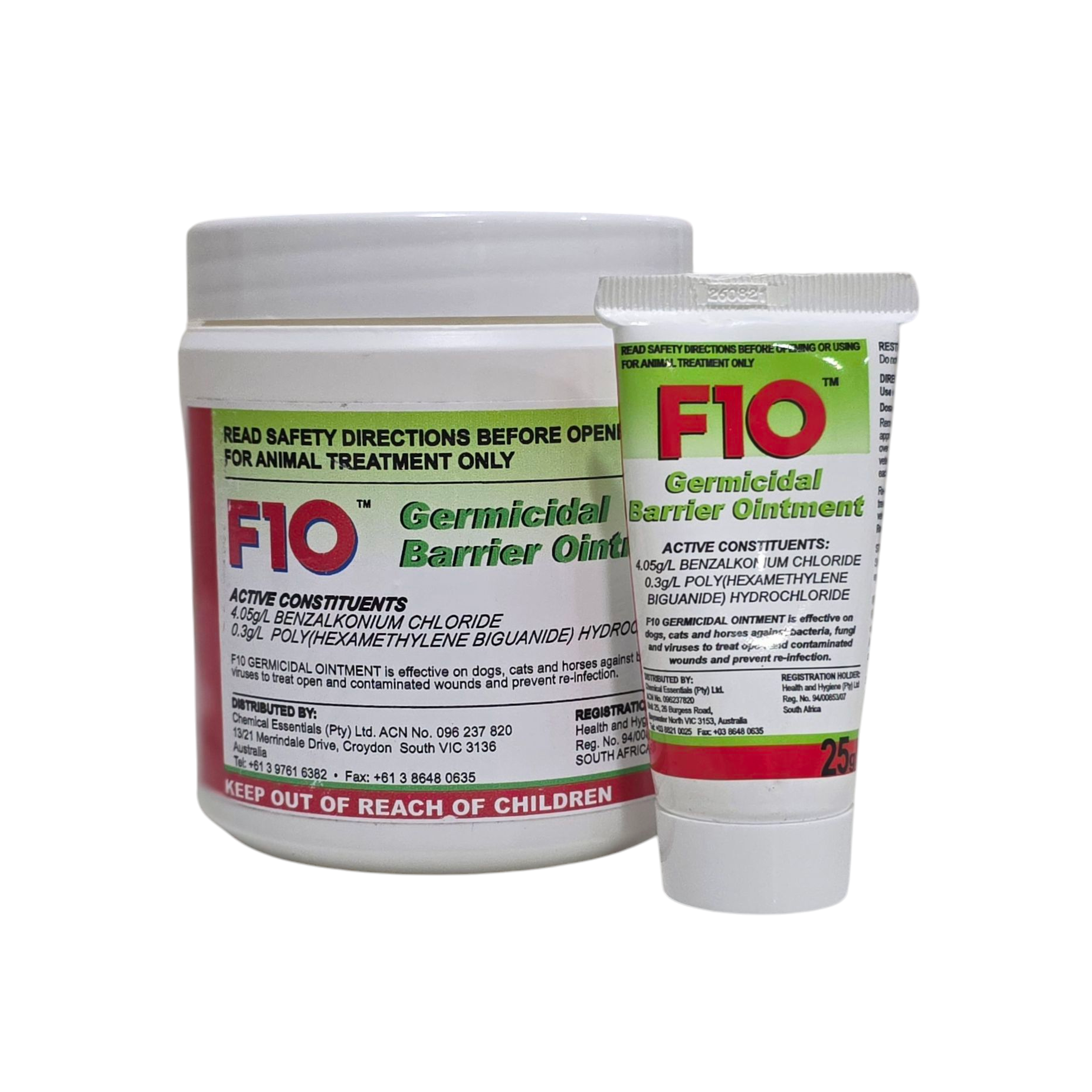 Two containers of F10 Germicidal Barrier Ointment, one is a small tube and the other is a larger tub, both with labels.