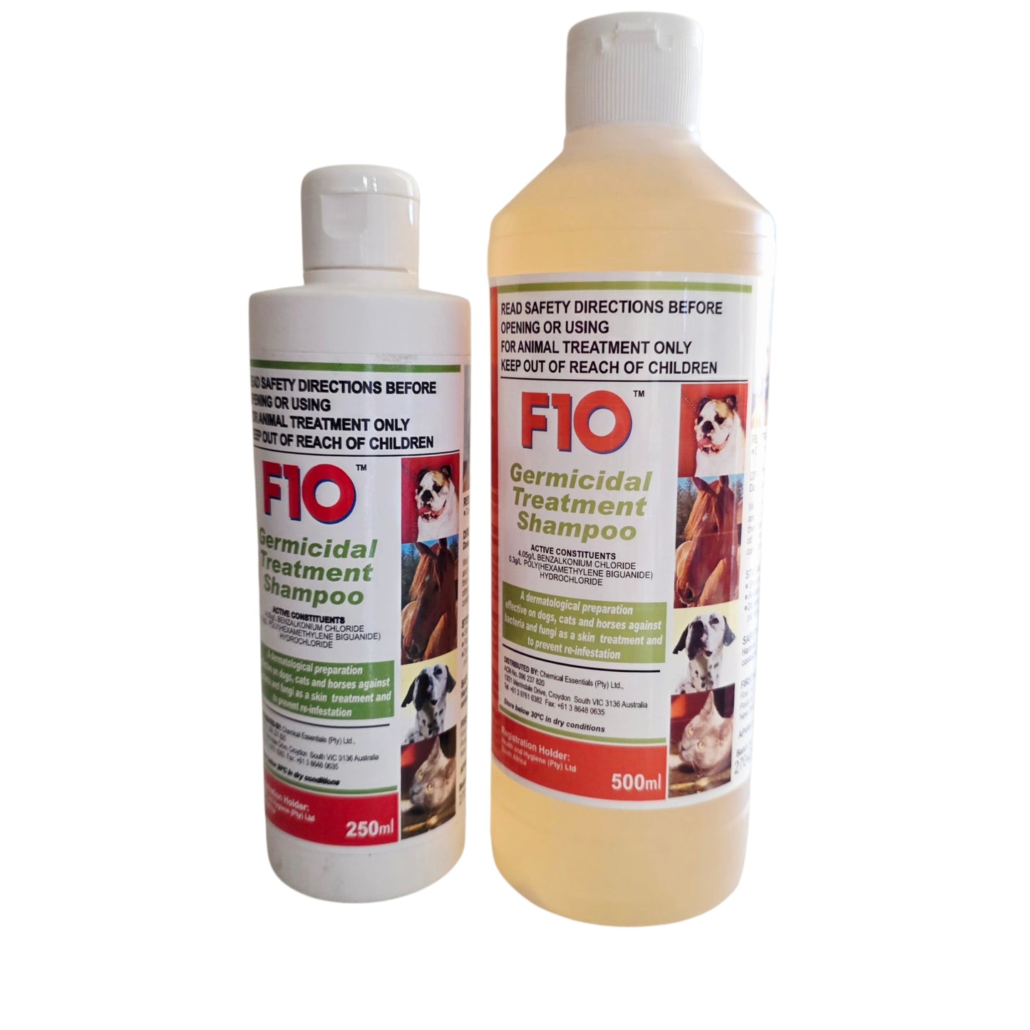 Two bottles of F10 Germicidal Treatment Shampoo on a white background