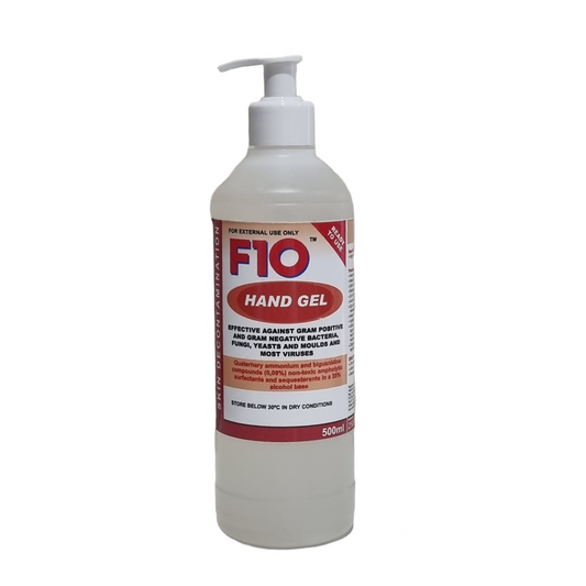 A 500ml pump bottle of F10 hand gel