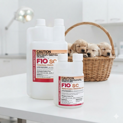 Two white bottles of FIO SC Veterinary Disinfectant on a white table, with a wicker basket containing sleeping light-colored puppies in the background.