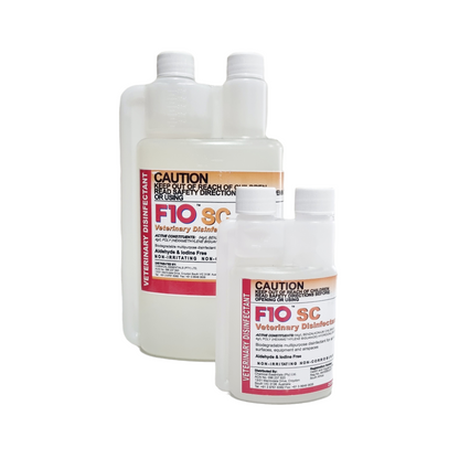 Two bottles of F10 SC Veterinary Disinfectant in different sizes with labels indicating usage for bacteria, viruses, and fungi.