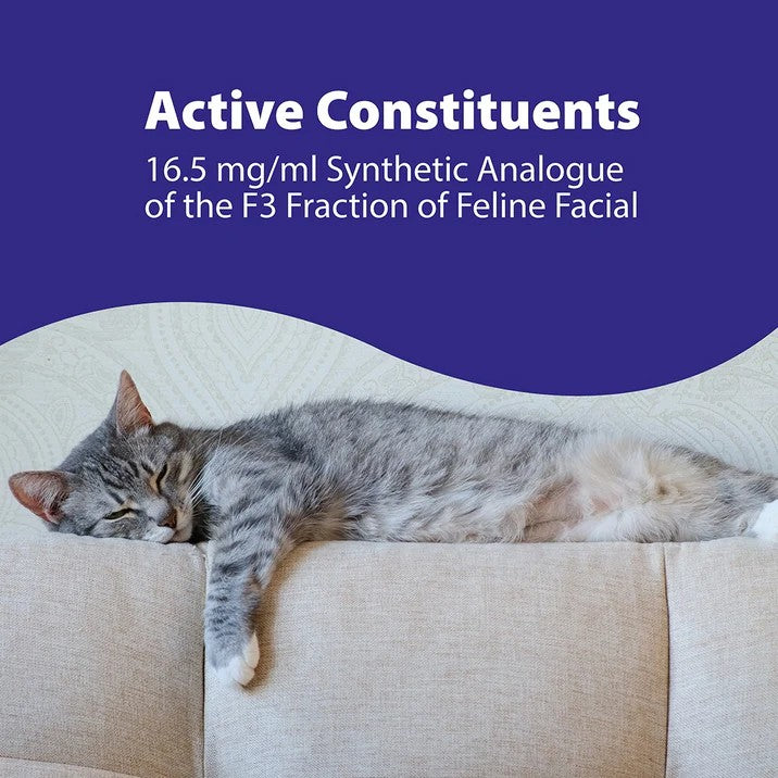 Cat sleeping on a couch with text about Feliway active constituent in the background