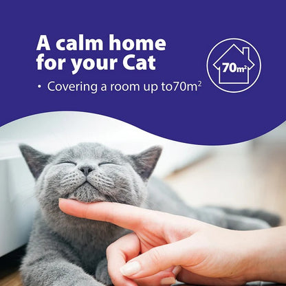 Feliway Cat being petted by a hand with text about a 'calm home' for cats covering up to 70 square meters.