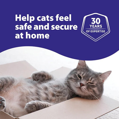 Feliway Cat lying in a cardboard box with text 'Help cats feel safe and secure at home' and '30 years of expertise' on a blue background.