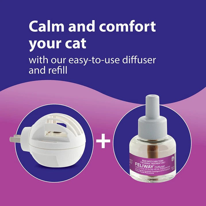 Fellway diffuser and refill on a purple and blue background with text 'Calm and comfort your cat'.