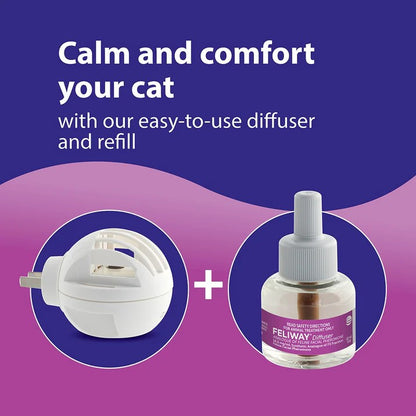 Fellway diffuser and refill on a purple and blue background with text 'Calm and comfort your cat'.