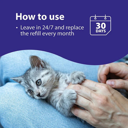 Feliway Kitten being held by a person with text on how to use a product, set against a blue background.