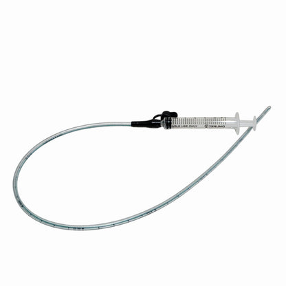 Luer slip feeding tube with syringe on a white background
