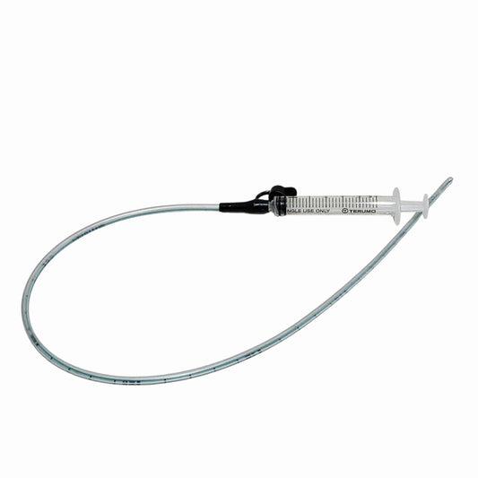 Luer slip feeding tube with syringe on a white background