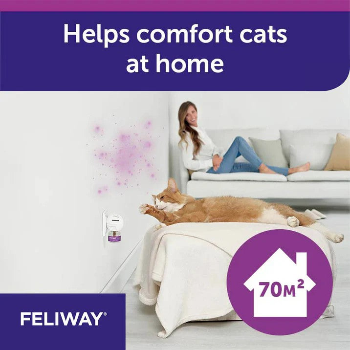 Woman sitting on a couch with a cat, Feliway product visible, text 'Helps comfort cats at home' and 'FELIWAY'.