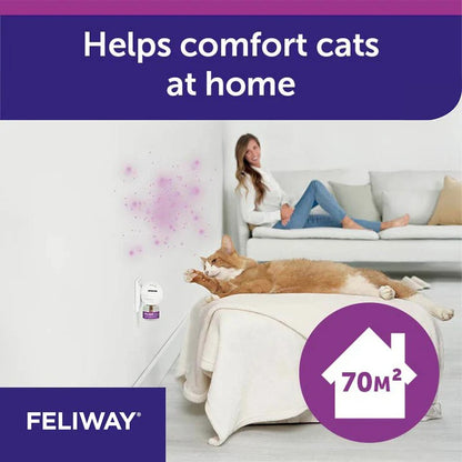 Woman sitting on a couch with a cat, Feliway product visible, text 'Helps comfort cats at home' and 'FELIWAY'.