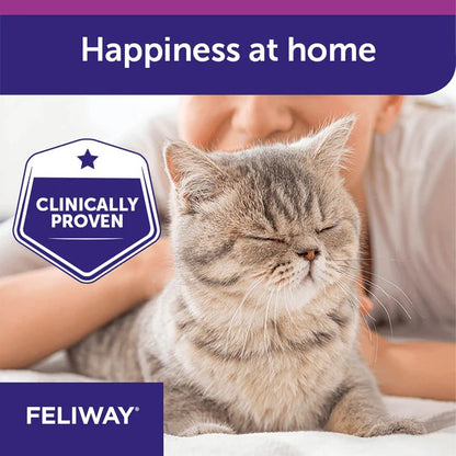 Cat lying on a person's chest with 'Feliway' branding and text about happiness at home.