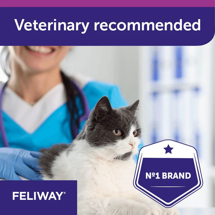 Cat being examined by a veterinarian with FELIWAY branding and 'Veterinary recommended' text.