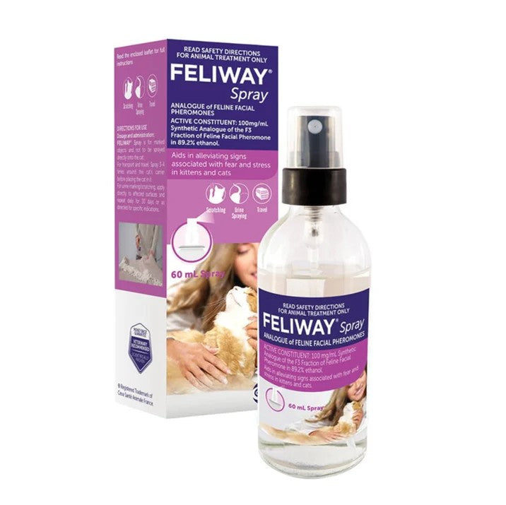 Feliway spray bottle and packaging on a white background