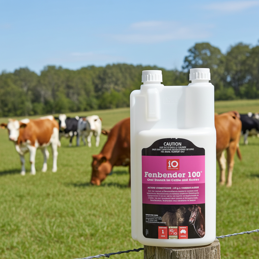 Fenbender 100 pesticide container on a post with cows grazing in the background