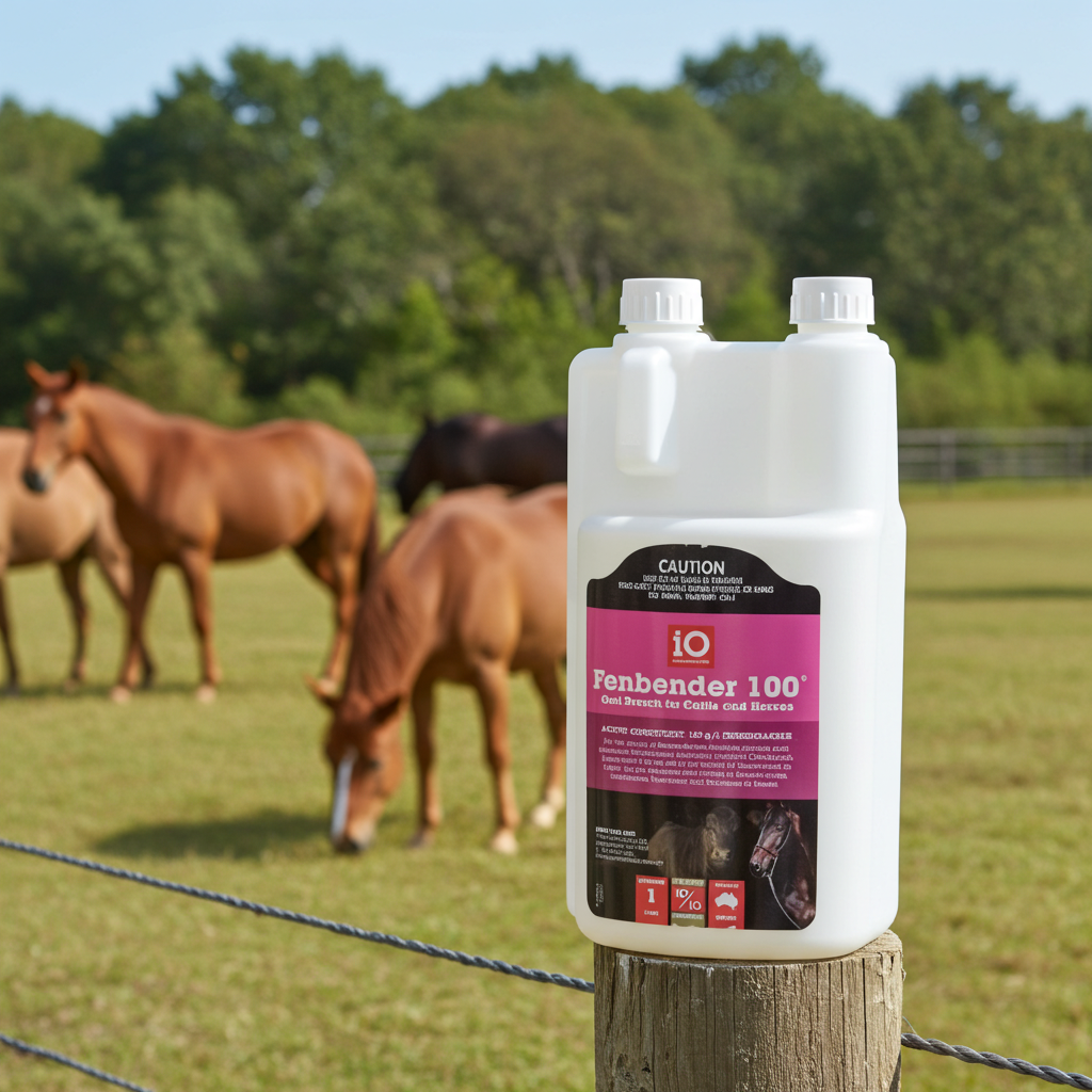 Fenbender 100 bottle on a wooden post with horses grazing in the background
