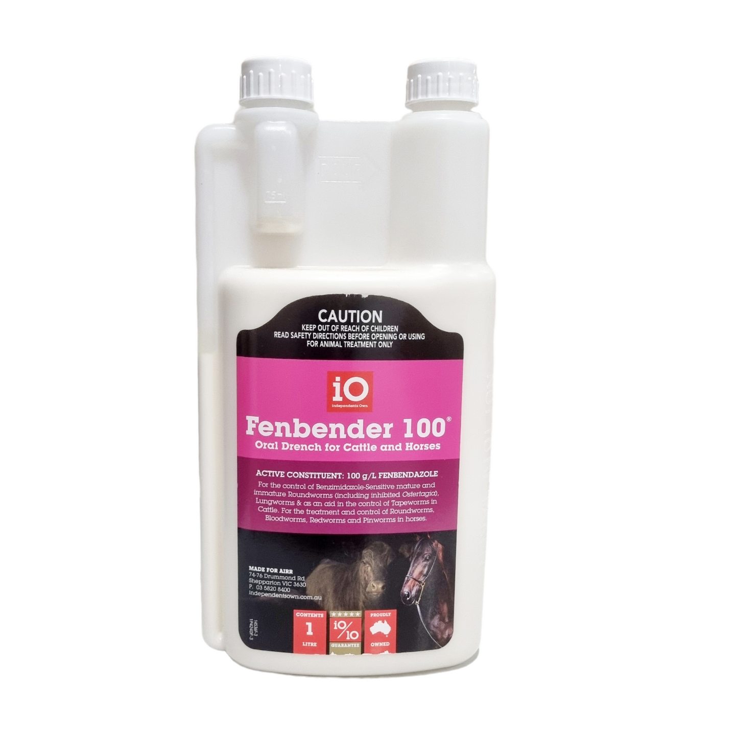 A white bottle labeled 'Fenbender 100' for oral drenching of cattle and horses, with product information and branding.