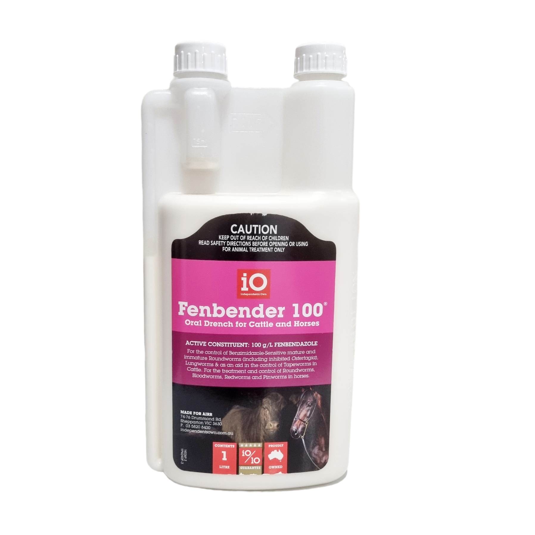 A white bottle labeled 'Fenbender 100' for oral drenching of cattle and horses, with product information and branding.
