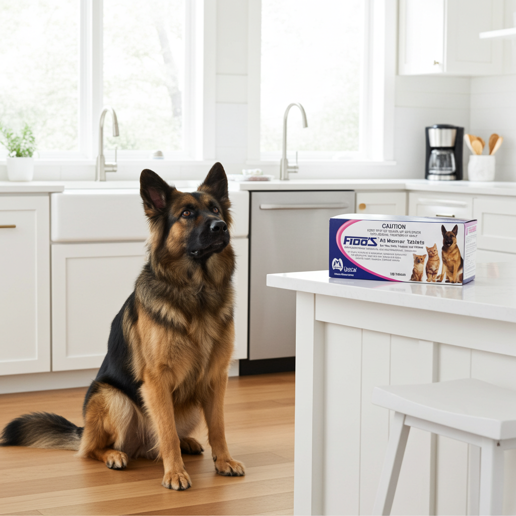 German Shepherd sitting in a kitchen with a box of Fidos all wormer Antiparasitic Tablets on a counter.