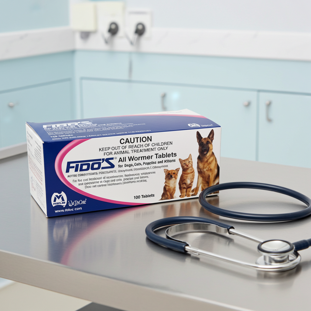 Box of Fido's All Wormer Tablets with a stethoscope on a veterinary examination table.