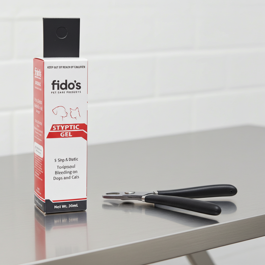 Fido's styptic gel box with a pair of nail clippers on a stainless surface.