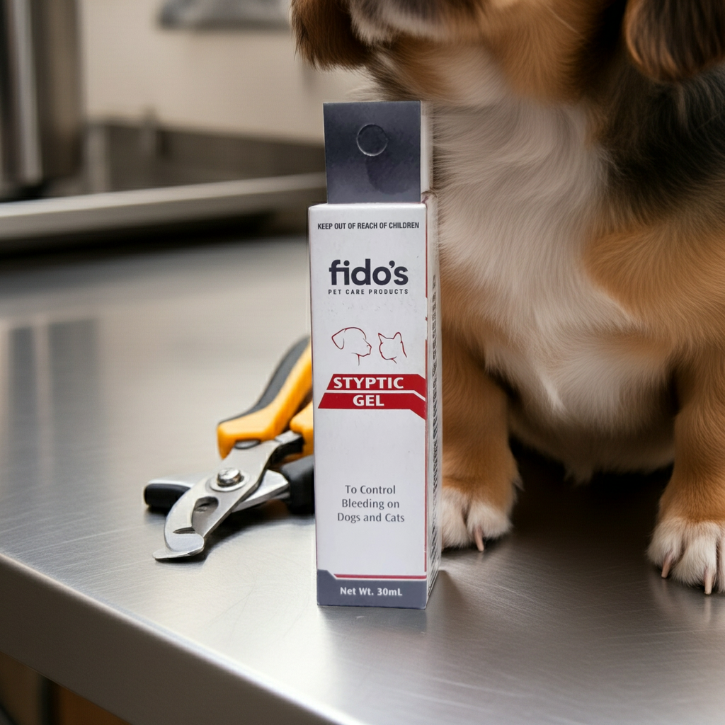 Fido's styptic gel box on a counter with a dog and clippers in the background
