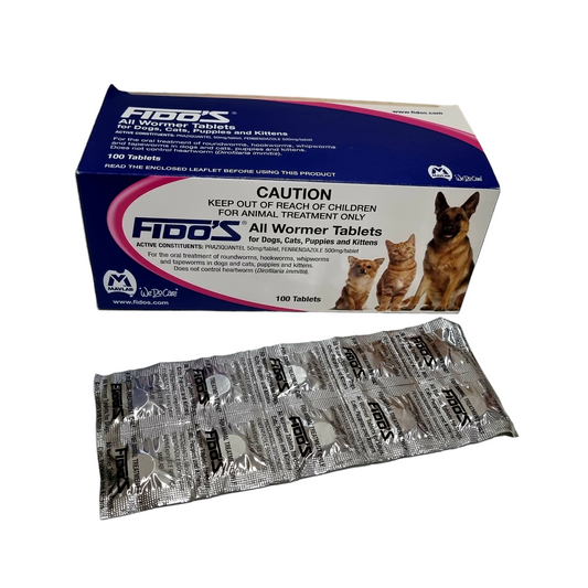 Packet of Fido's All Wormer tablets for dogs and cats, showing the box and the individual foil-wrapped tablets.