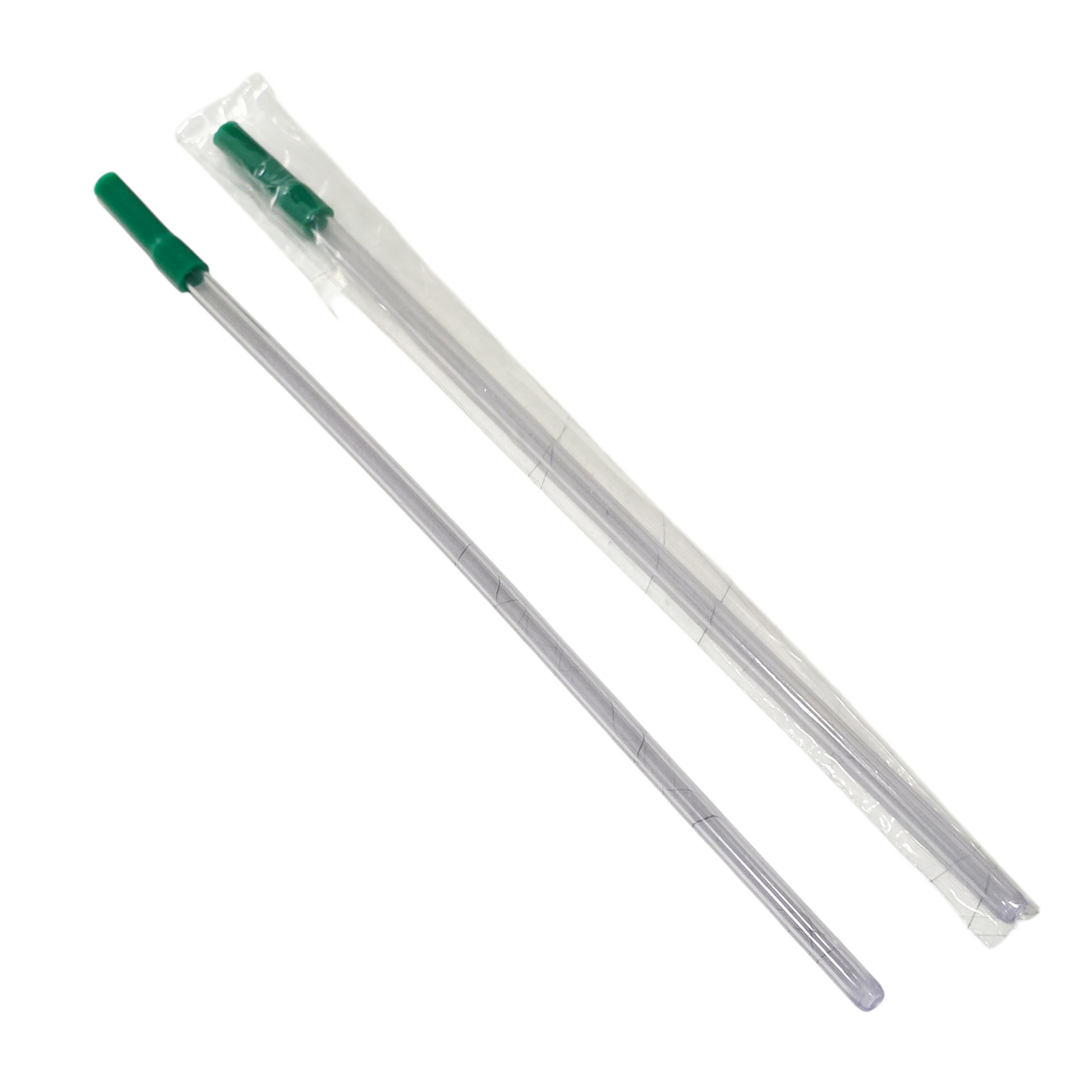 Two clear plastic Fionavet canine insemination tubes with green ends on a white background