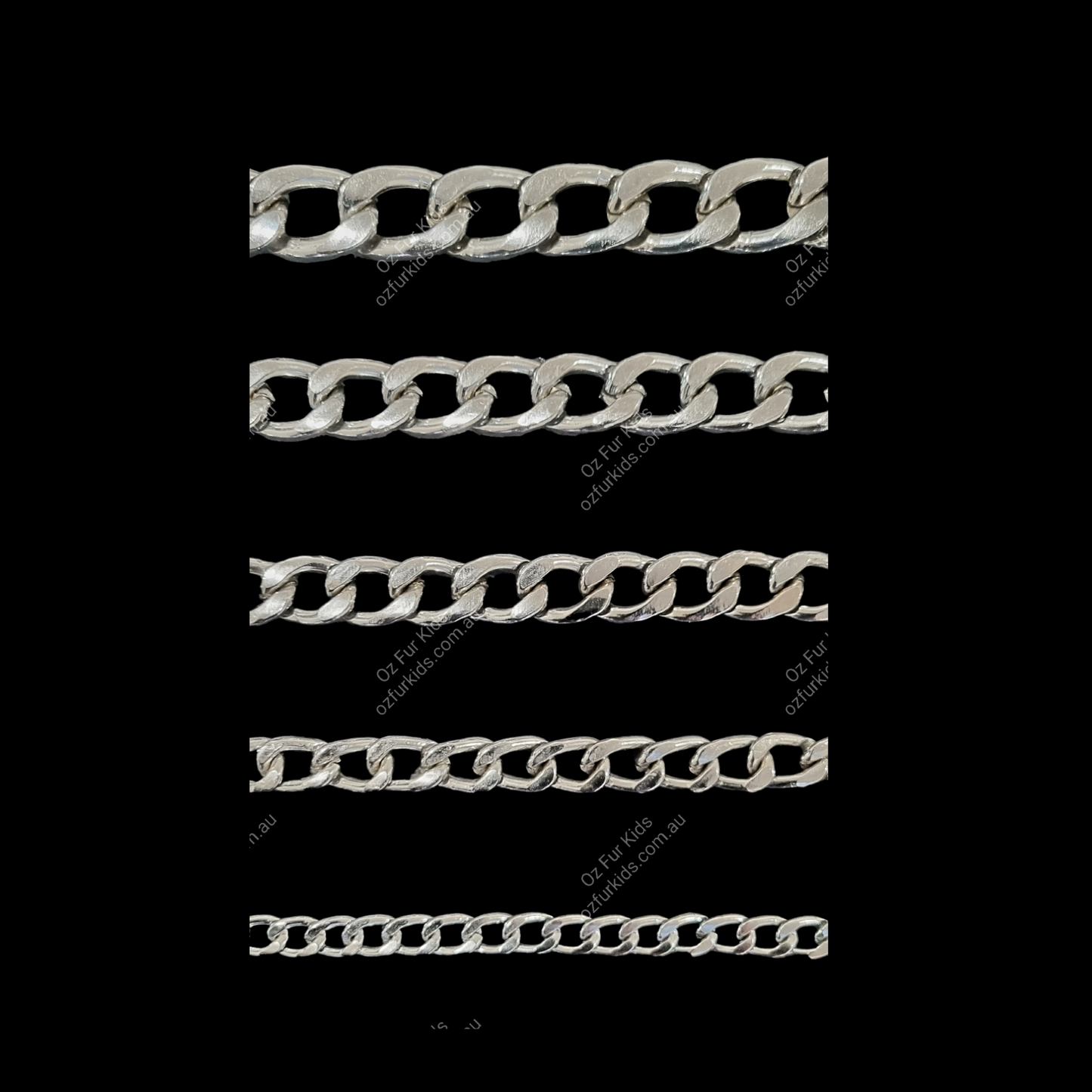 Set of flat link show chains on a black background