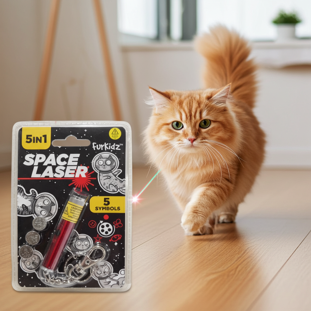 Cat playing with a FurKidz Space Laser 5 Symbols toy on a wooden floor