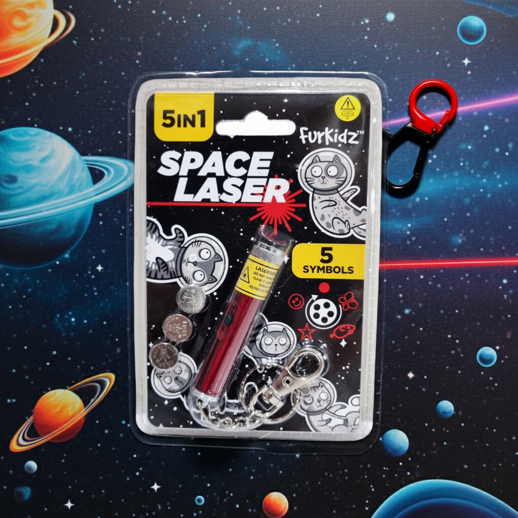 Space-themed FurKidz Space Laser 5 Symbols product packaging with a space laser toy on a space-themed background