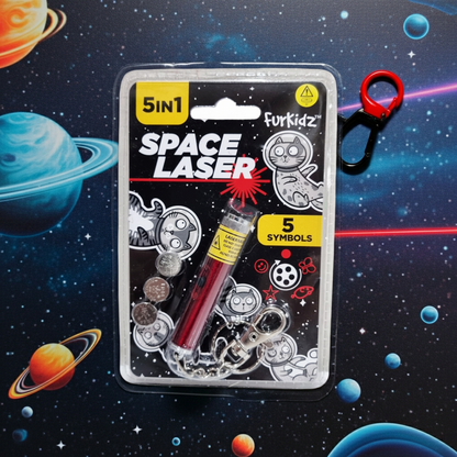 Space-themed FurKidz Space Laser 5 Symbols product packaging with a space laser toy on a space-themed background