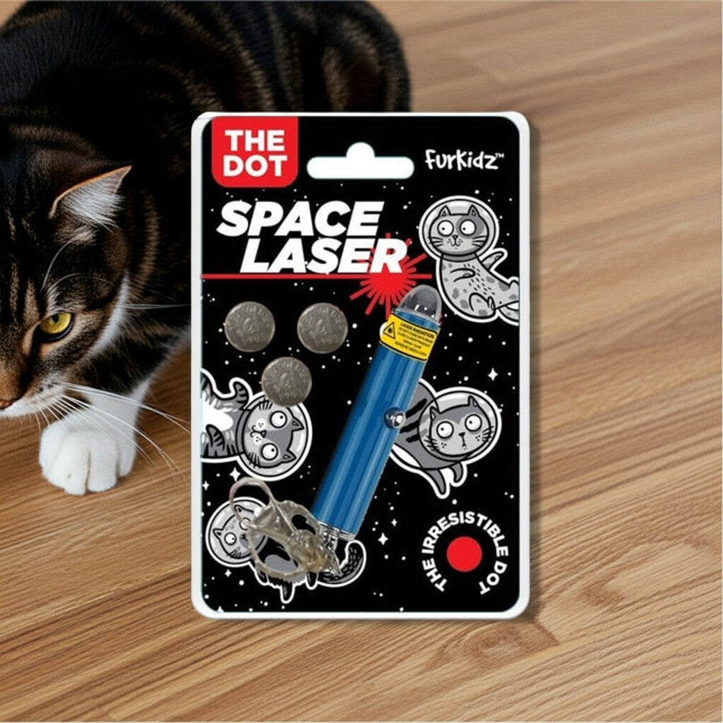 Space laser toy packaging for cats with a cat in the background