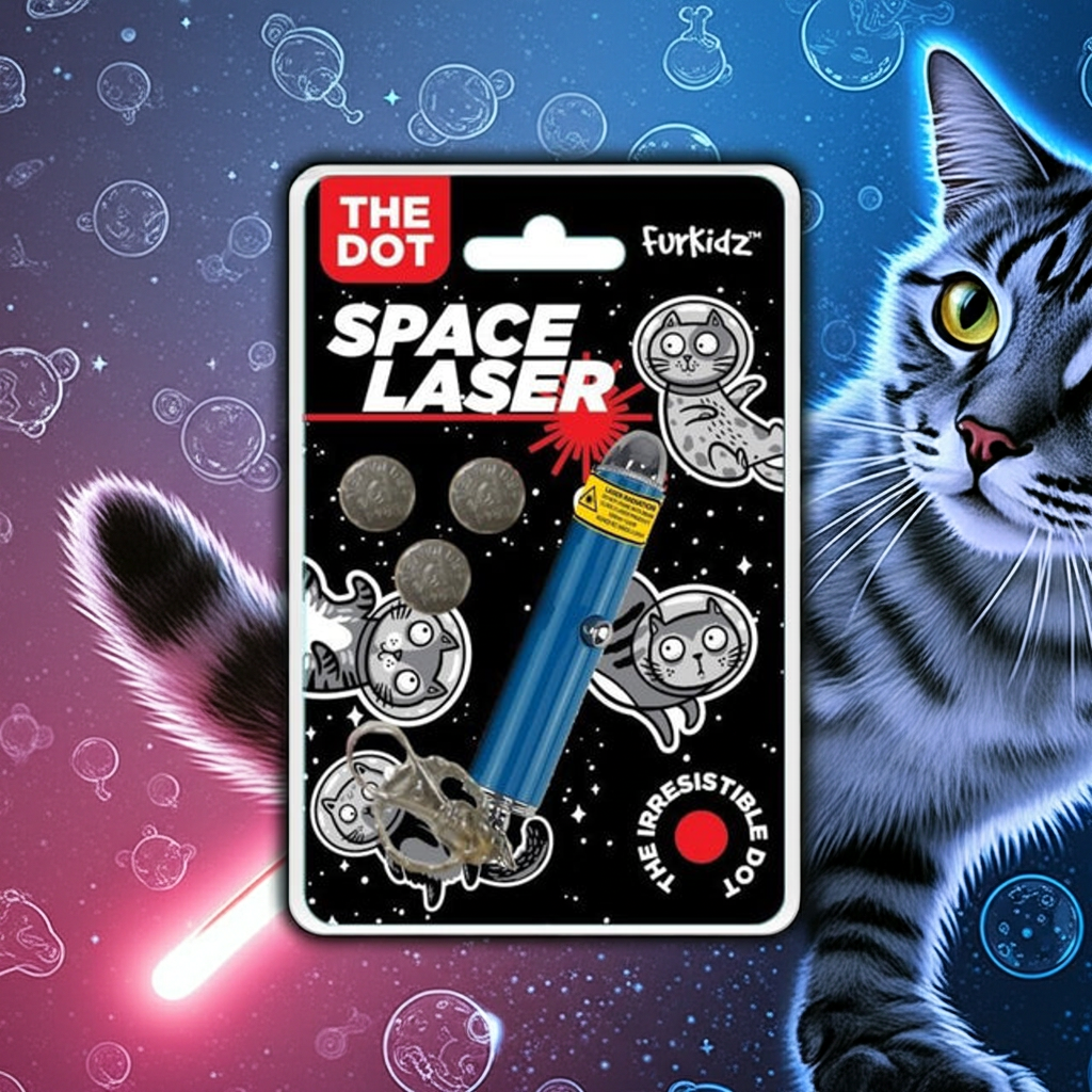 Space laser toy packaging with a cat illustration on a space-themed background