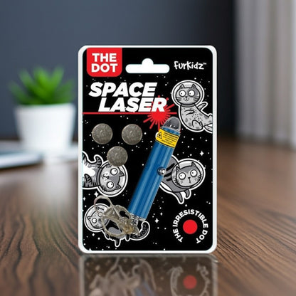 Space laser toy packaging with cartoon characters on a wooden surface