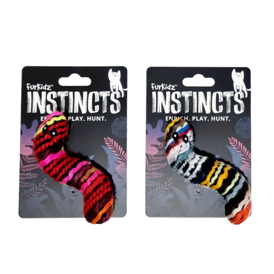 Two colorful FurKidz Instincts Wooly Worm toys in packaging with 'Furkidz Instincts' branding on a white background.