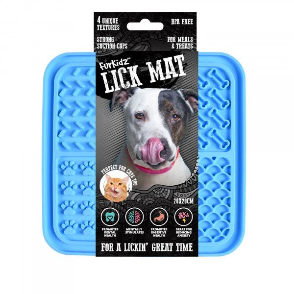 Blue FurKidz lick mat with packaging featuring a dog and text on a white background