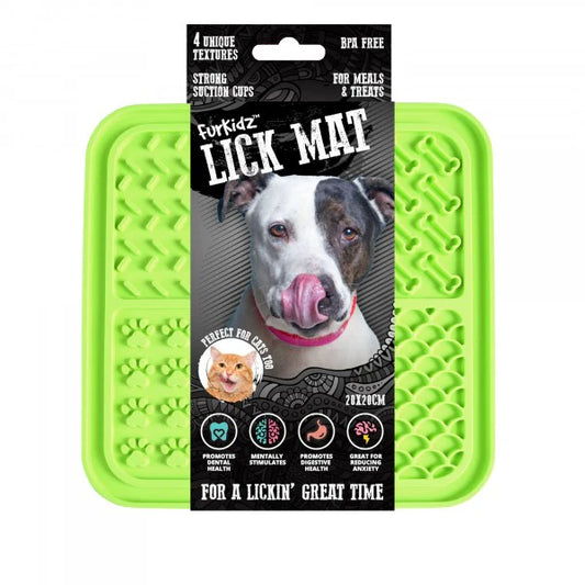 FurKidz_Lick_Mat_Lime Green with packaging featuring a dog and cat, and text about textures and benefits.