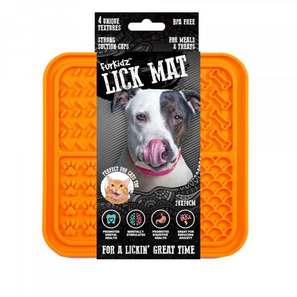 Orange FurKidz lick mat with packaging featuring a dog and cat, and text about textures and uses.