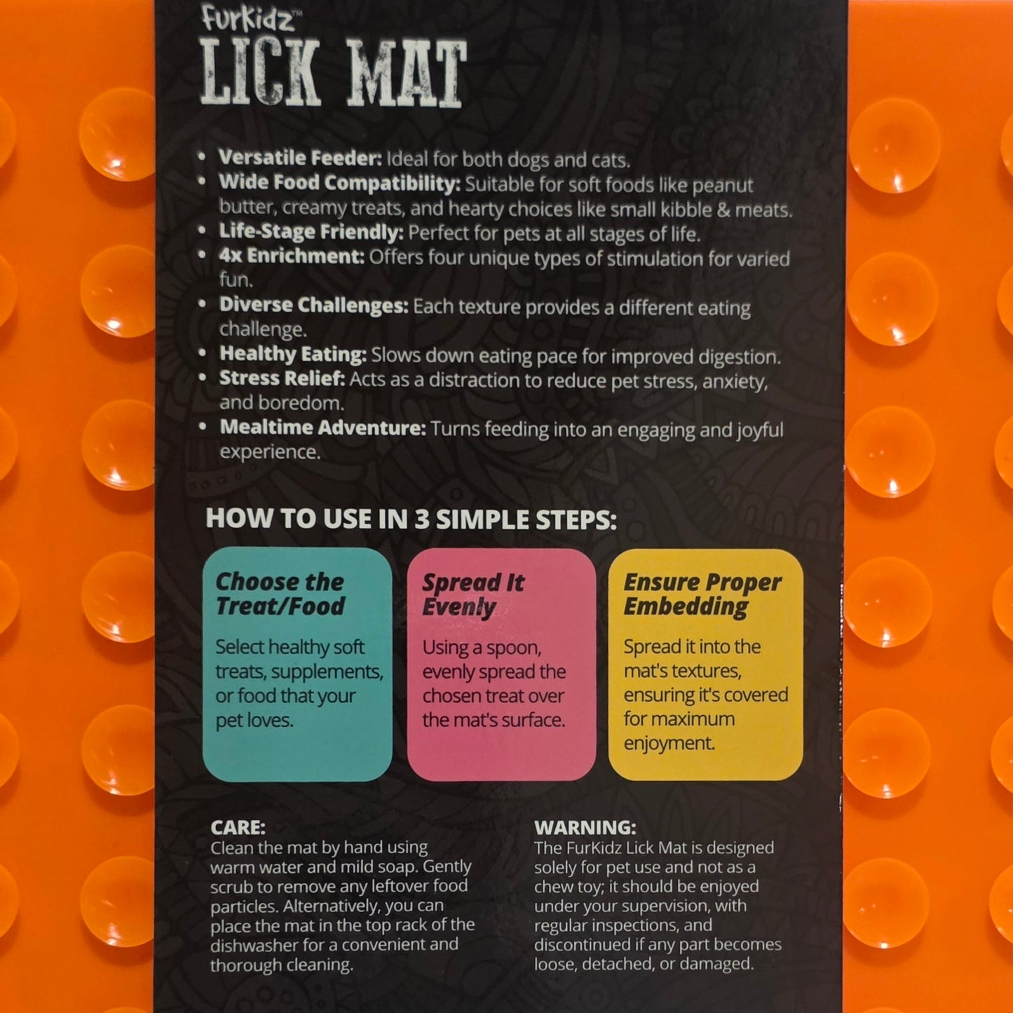 Furkidz LICK MAT packaging with text and instructions on an orange background